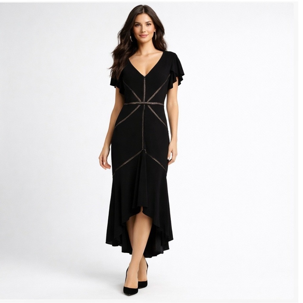 NWT Taylor Dark Romantic Black Lace Panel Cocktail Dress Asymmetrical‎ Hem Sz 6